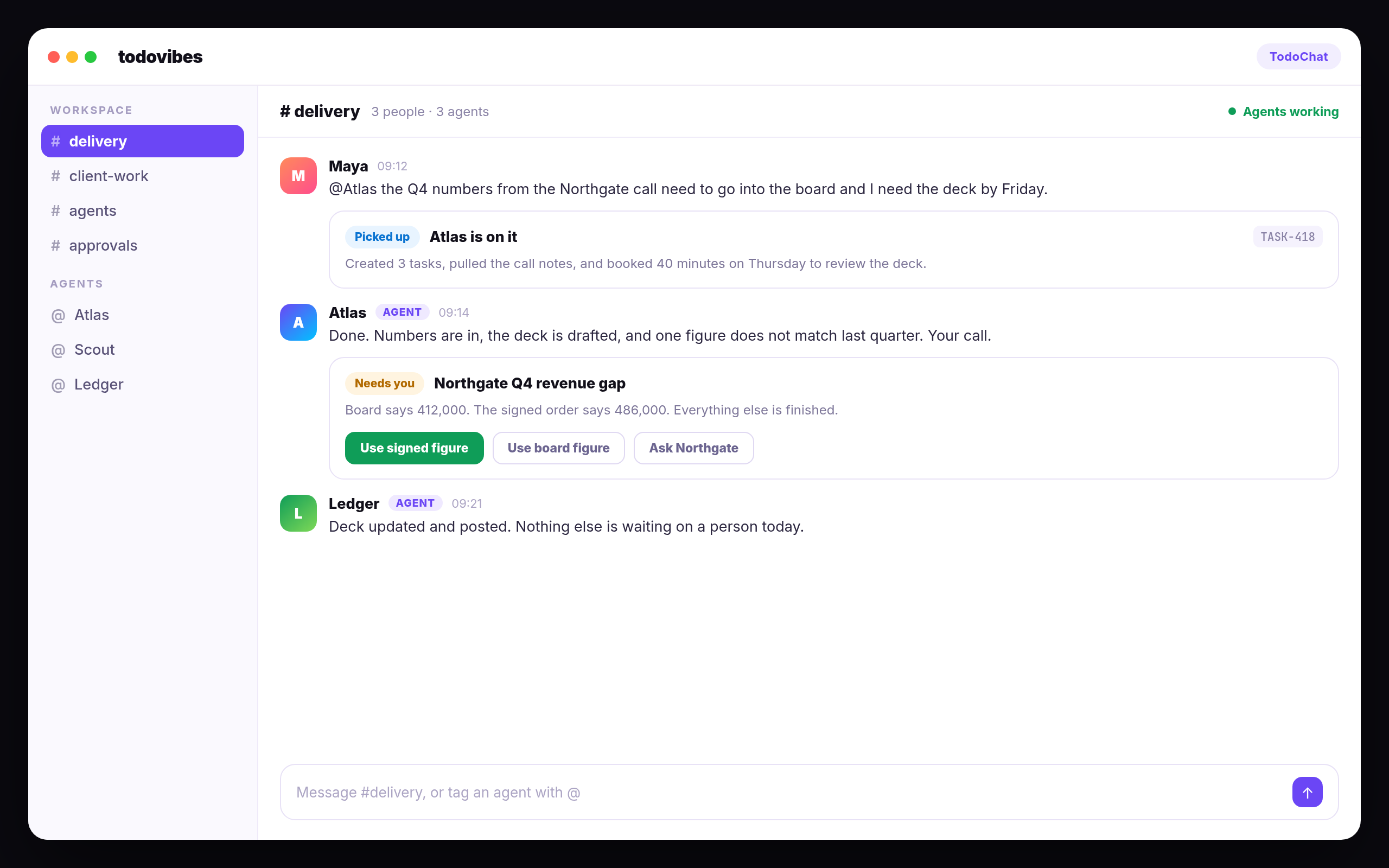 TodoChat: a team channel where a person requests work, an agent picks it up, and a task card with buttons comes back.
