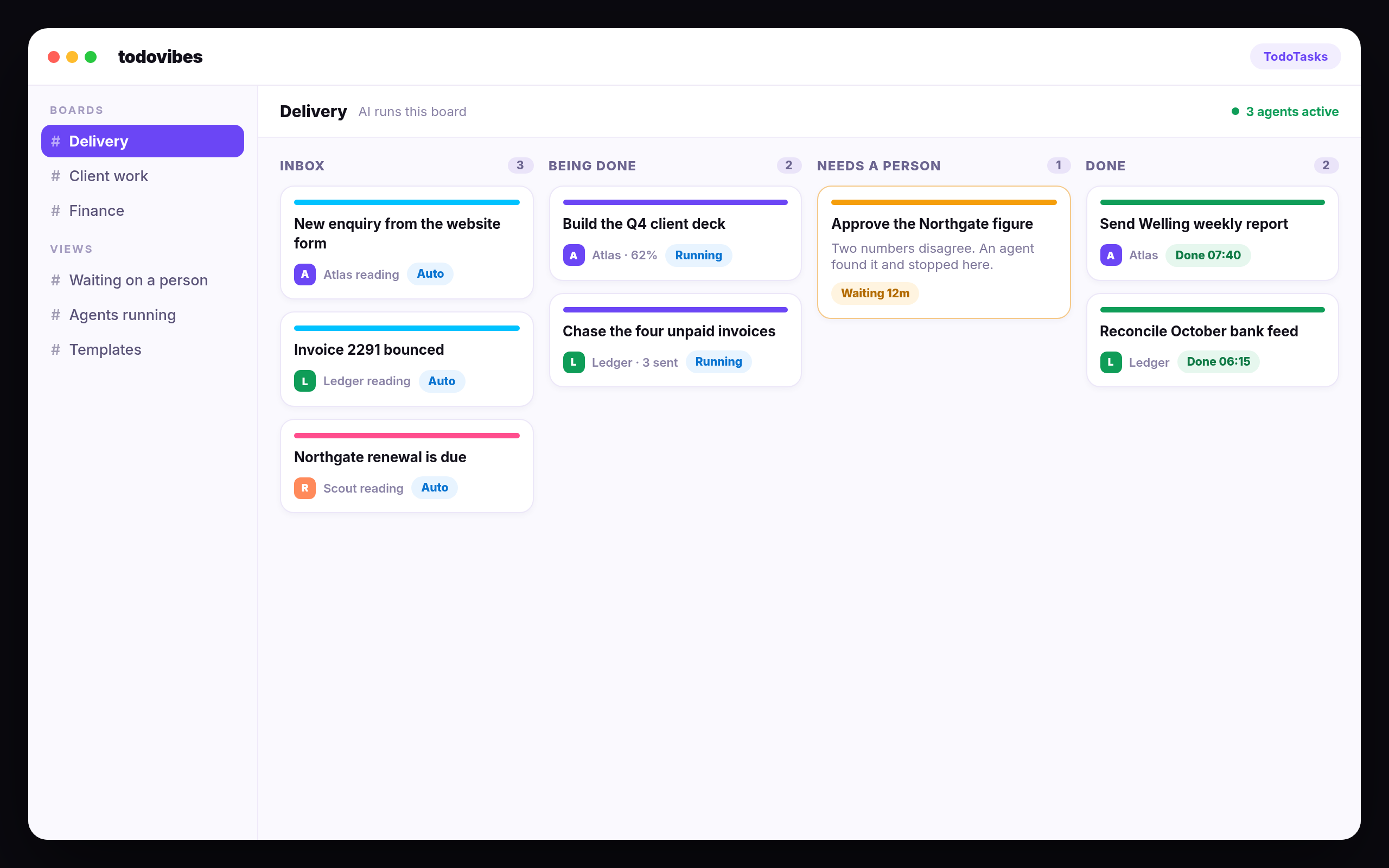 TodoTasks board with four columns: Inbox, Being done, Needs a person, and Done, with agent avatars on each card.